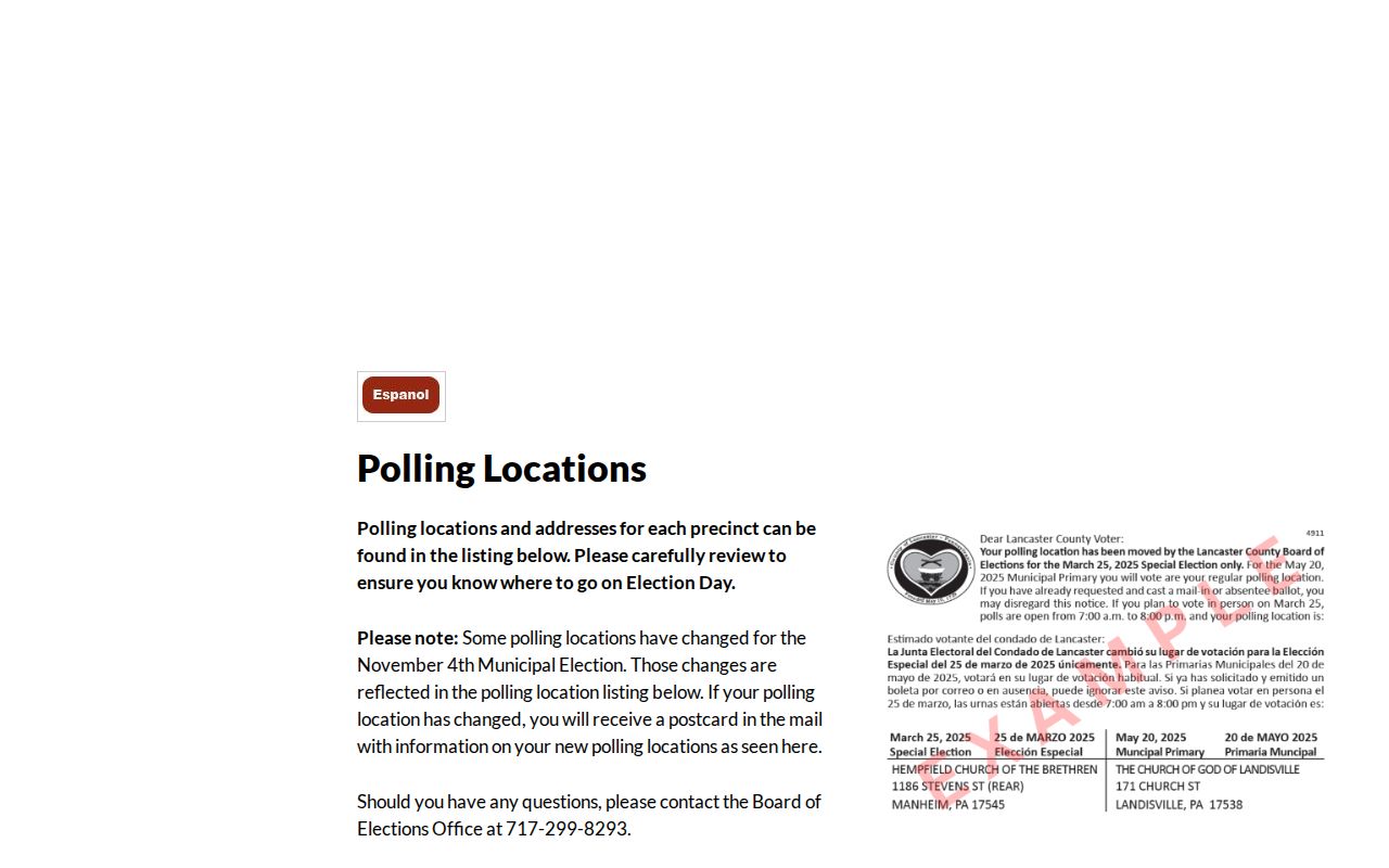 Manheim Township ZIP code directory Lancaster County polling location ZIP examples