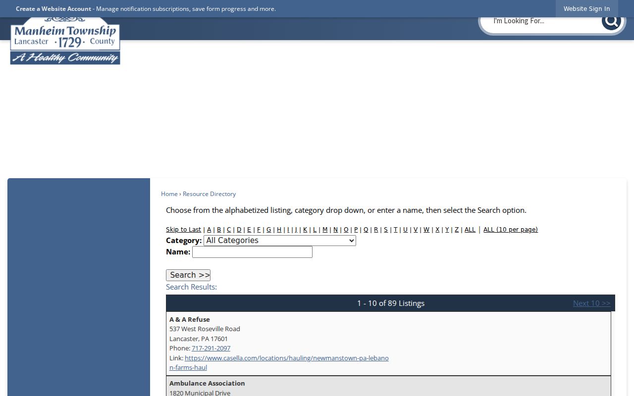Manheim Township neighbors civic resource directory filters