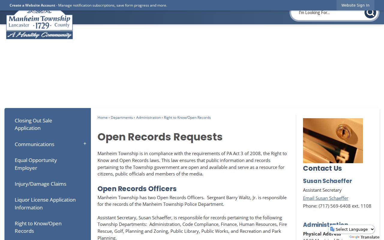 Manheim Township residents directory Right-to-Know request process