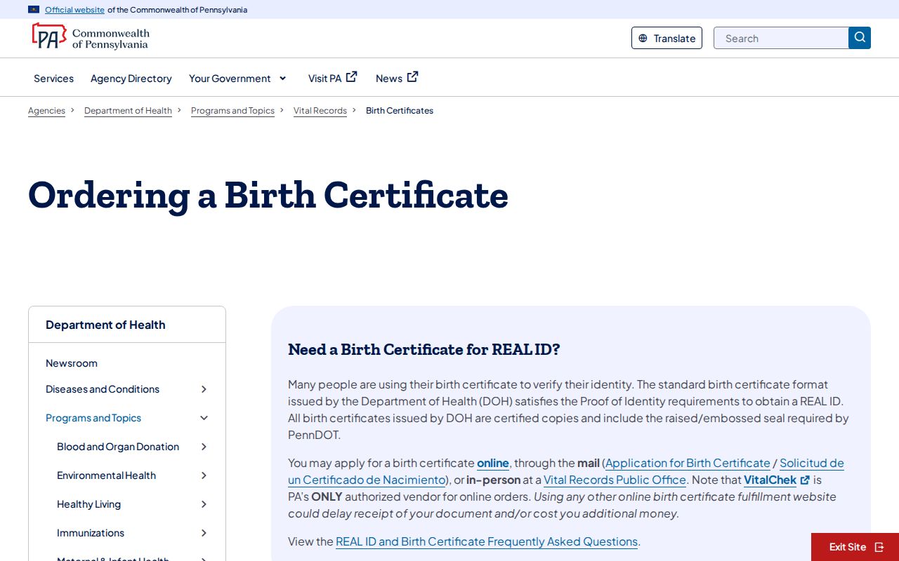 Manheim Township resident lookup Pennsylvania birth certificate application